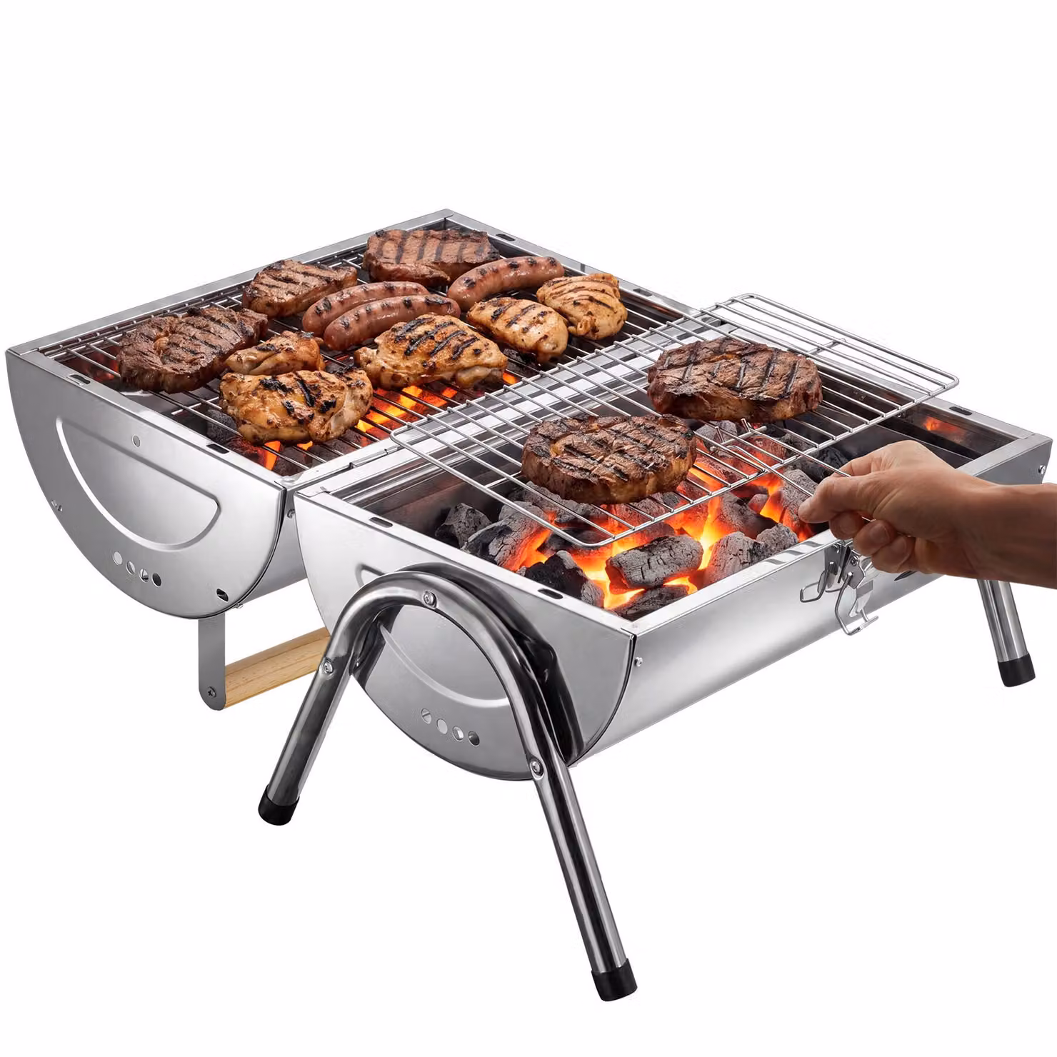 Barbecue a carbone da tavolo tectake in acciaio inossidabile con 2 piastre di cottura e 2 vasche, argento – 3