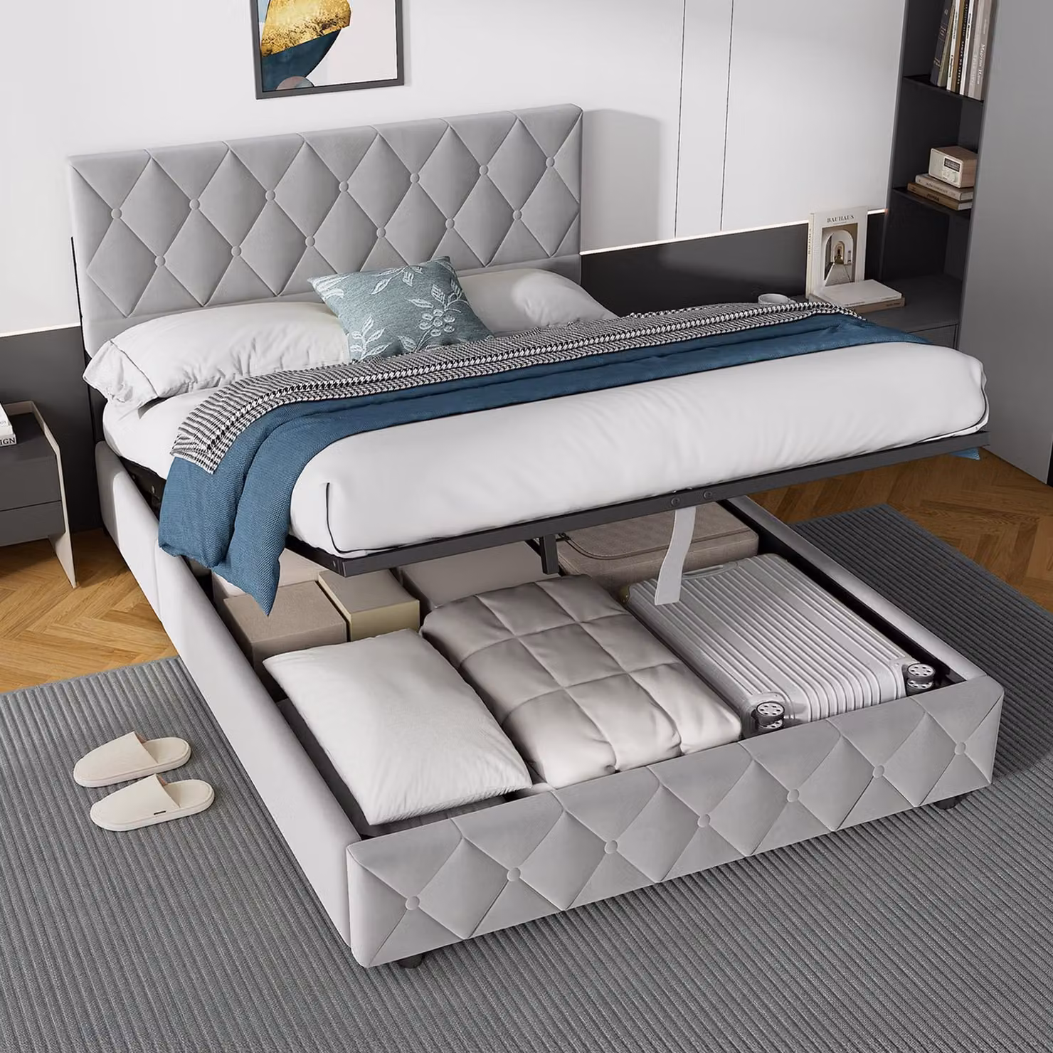 Letto boxspring imbottito MODFU 140 x 200 cm con contenitore idraulico e struttura con vano portaoggetti, grigio velluto (materasso escluso)