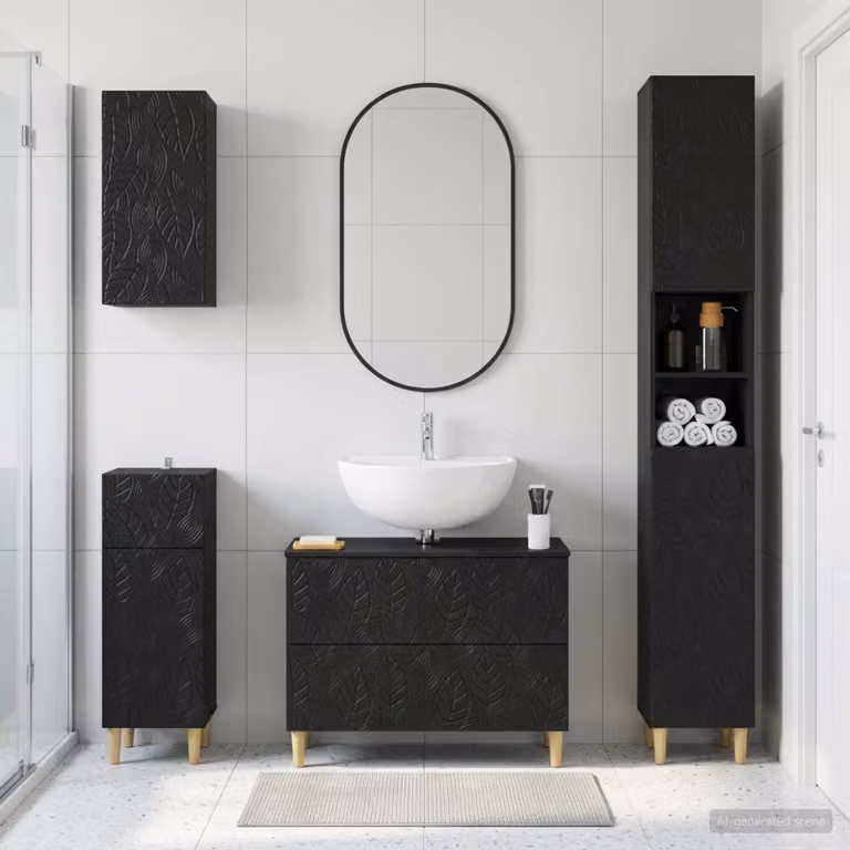 Set di mobili da bagno moderno vidaXL DELFT nero in legno, composto da 4 pezzi con mobile lavabo e pensili a parete