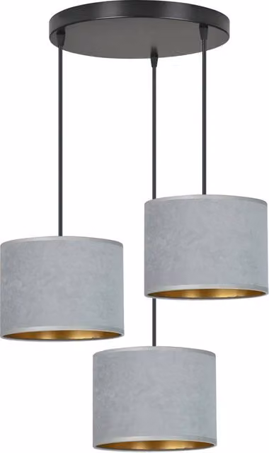 Lampadario Sospeso Tondo Vinayaka Luceart-Classic con 3 Luci in Metallo Nero e Paralumi in Tessuto Grigio e Oro