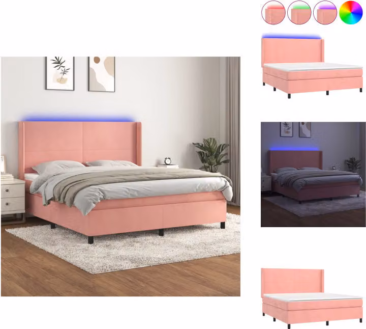 vidaXL Letto a molle con materasso e LED in velluto rosa 180x200 cm - Letti & strutture letto