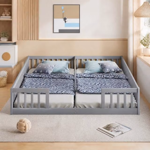 Letto basso per bambini con 2 letti da 90 x 200 cm; sponde e rete a doghe; pino e MDF; grigio