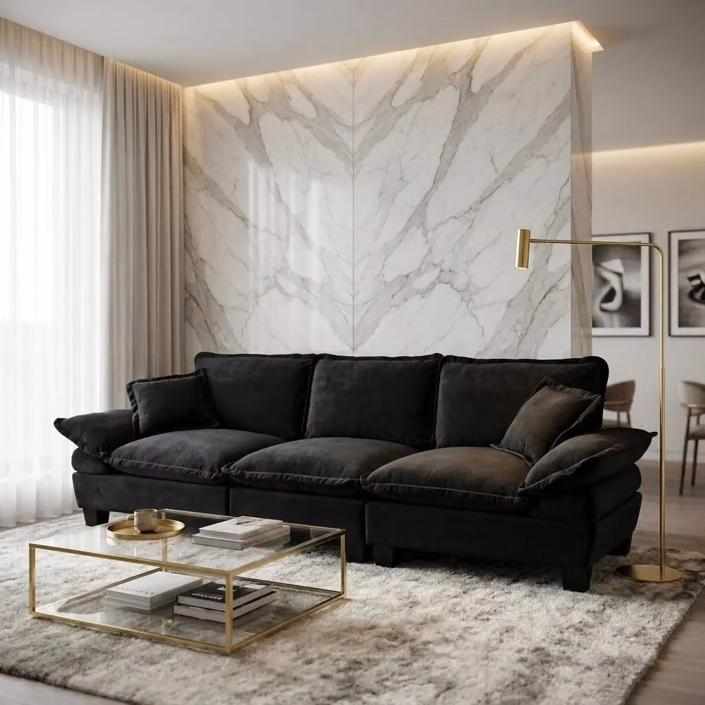 Divano a 3 posti MIVRAY moderno in tessuto nero con struttura in legno e coperture rimovibili per soggiorno o ufficio in casa – 2