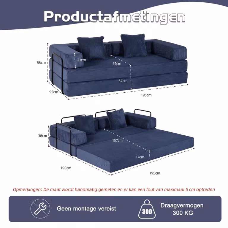 Divano letto pieghevole 2 in 1 - Divano da terra - Tessuto in chenille - Stile moderno - Struttura in metallo - Blu scuro