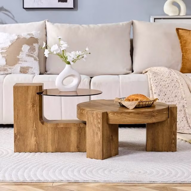 Set 2 tavolini da salotto rotondi separabili Ø 61 cm in MDF e vetro fumé marrone HAVRYA