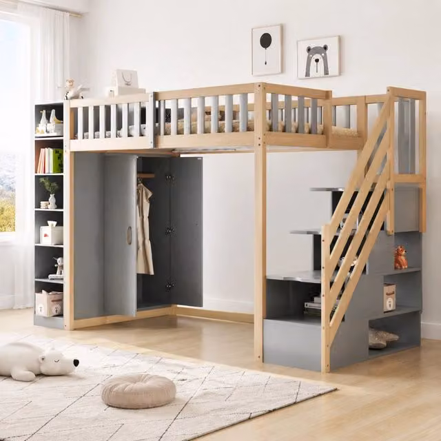 Letto a soppalco singolo MIVRAY con armadio integrato, scala con cassetti e vani contenitore, stile scandinavo, grigio e legno naturale, L/P/H: 200 x 90 x 173 cm