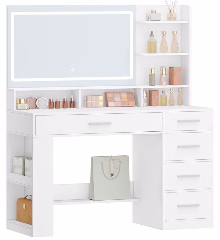 Comò da trucco con ampio specchio HD e illuminazione a LED, bianco, dotato di 6 scomparti aperti, 5 cassetti e spazio di stoccaggio laterale