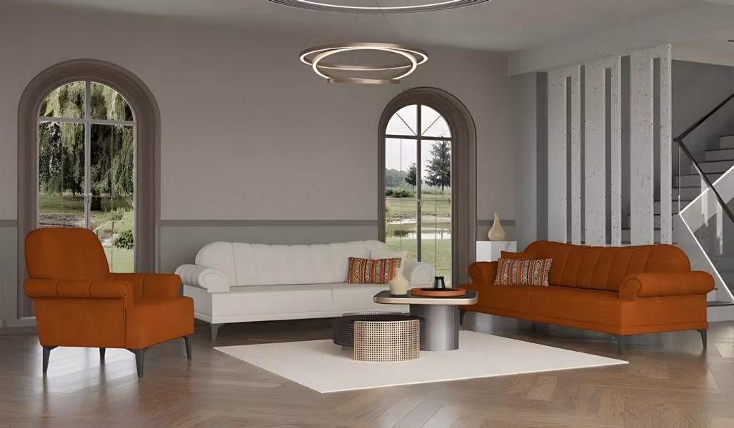 Sofagarnitur Dreisitzer Sessel Stoffsofa Sofa Couch Orange Polyester