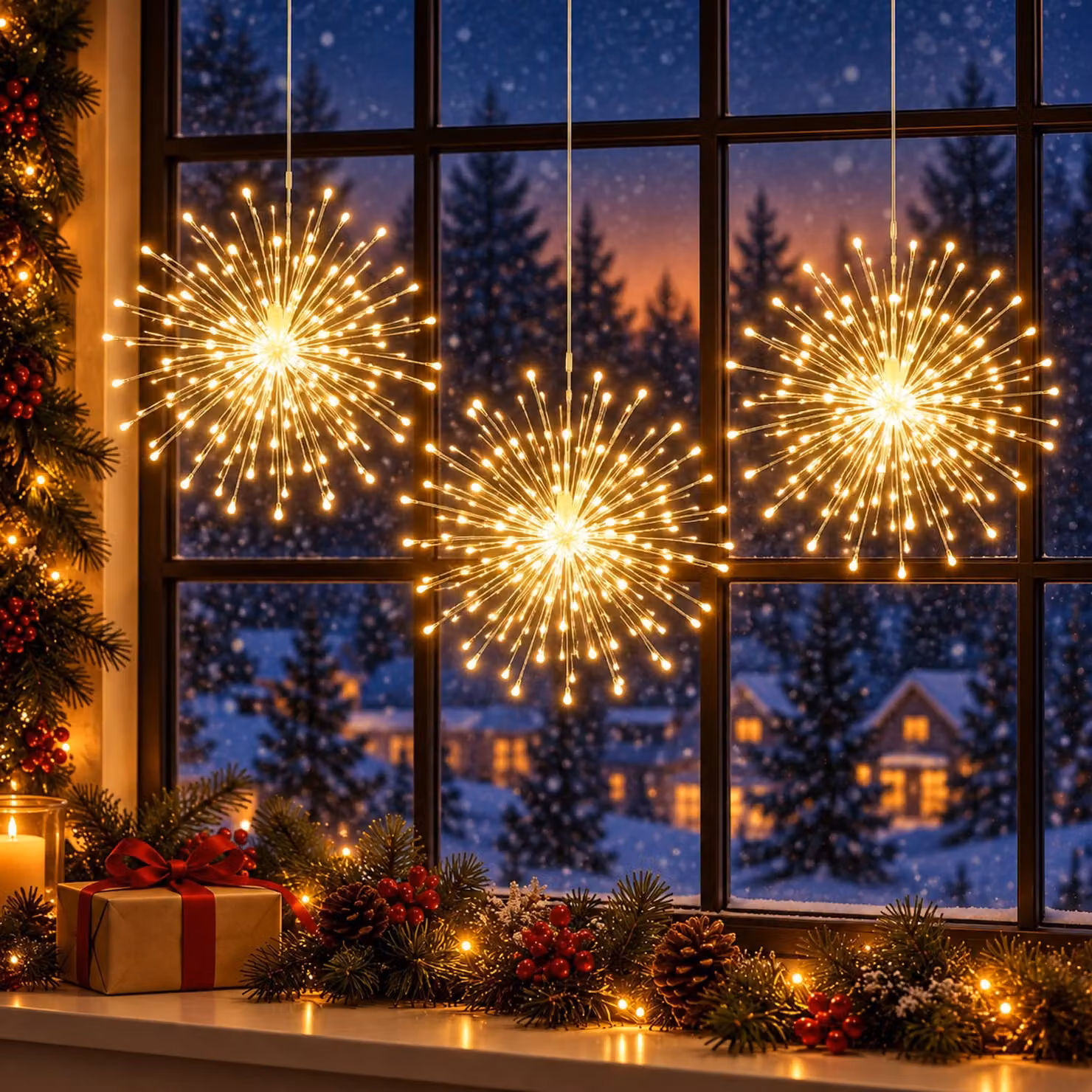 3 catene di luci a LED da 200 luci ciascuna, effetto "esplosione" posteriore, luce bianca calda, ideali per decorazioni natalizie, con filo di rame, adatte per finestre o come lampada a sospensione, con alimentatore, 8 modalità di illuminazione, dimmerabi