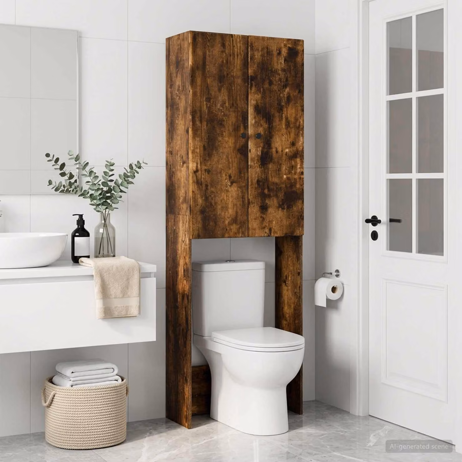 Mobiletto da bagno vidaXL BREDA Rovere Fumo, design moderno con ante a battente, L: 66 cm, P: 25,5 cm, H: 190 cm