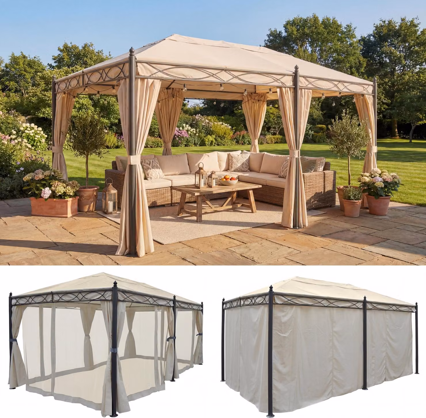 Pergola Calpe, gazebo da giardino, struttura robusta da 7 cm, 5x3 m ~ color crema con parete laterale + zanzariera