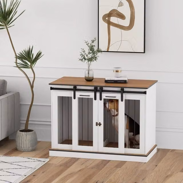 Gabbia per cani OKWISH in legno bianco con divisorio rimovibile e doppie porte ventilate L: 120 cm, P: 60 cm, H: 88,5 cm