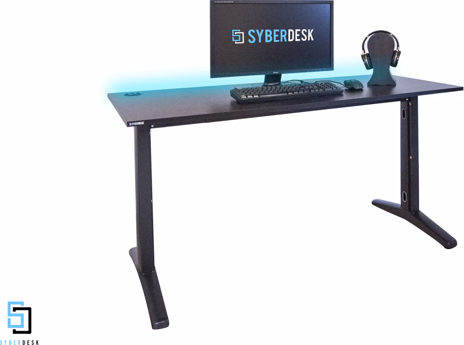 Scrivania da gioco SyberDesk ULTRA LED USB 139x68 su telaio solido con sistema di gestione dei cavi, scrivania per giocatori, scrivania da gioco nera