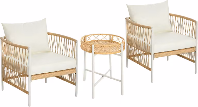 Set di 3 mobili da giardino in rattan con 2 sedie da giardino e tavolino, mobili da balcone con cuscini, per balcone e terrazza, giallo e crema
