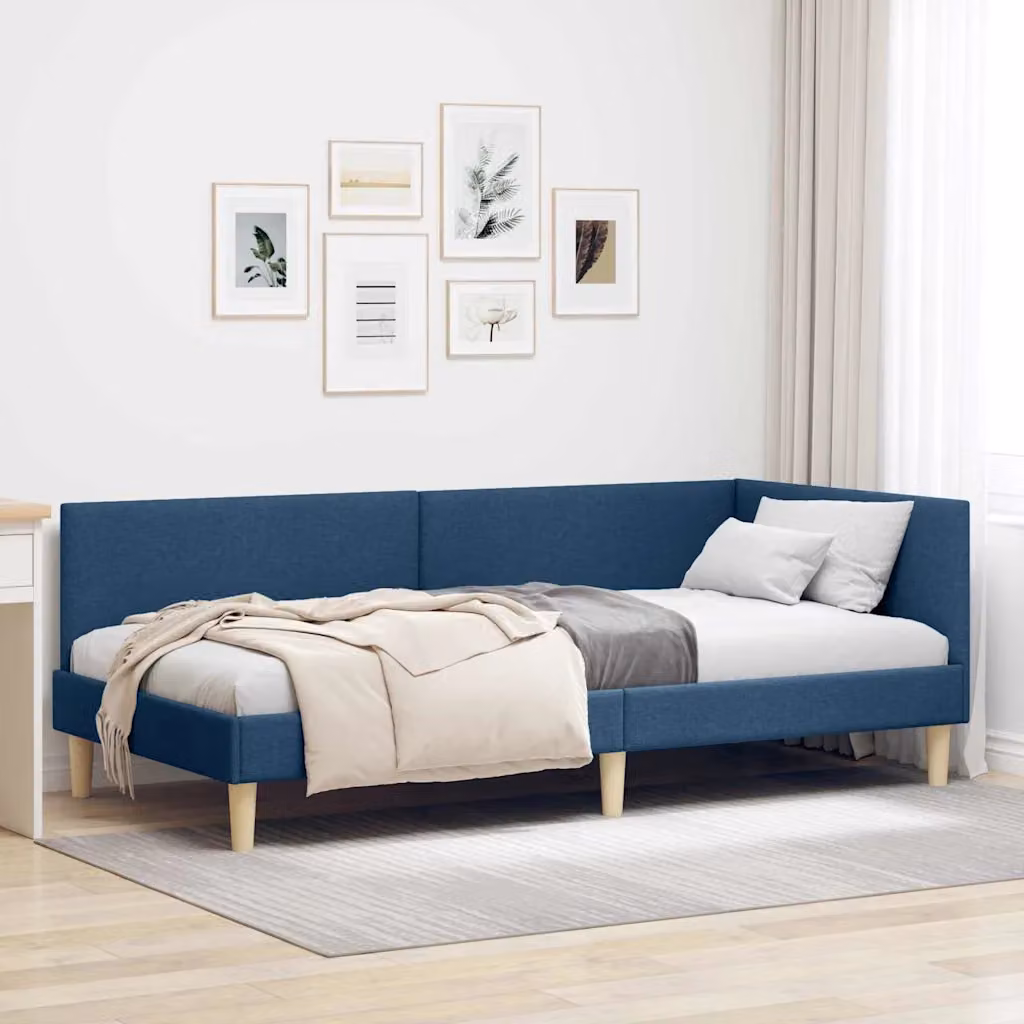 Cornice del letto ad angolo vidaXL in tessuto blu con struttura in legno e doghe, L: 100 cm, P: 200 cm, H: 72 cm – 1
