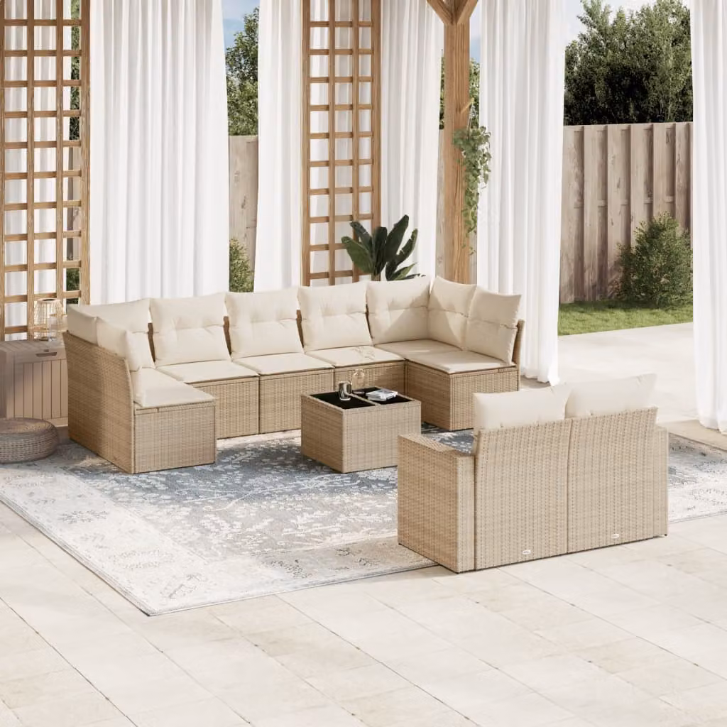 vidaXL Set Divano da Giardino 10 pz in Polyrattan con Cuscini Beige e Tavolino da Esterno – 1