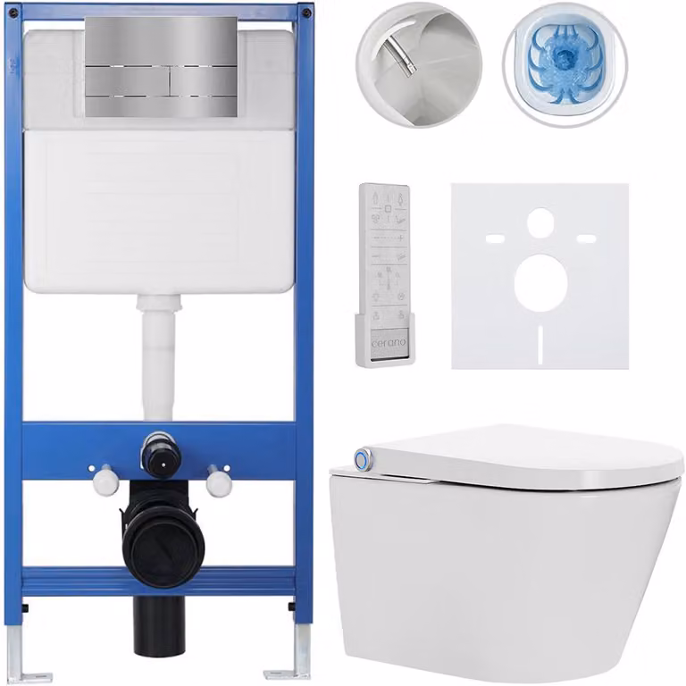 Set completo per WC Profi/Cronus Premium - bianco lucido - pulsante per WC modello Line/acciaio inox - installazione a parete - 59,3 x 38,4 cm