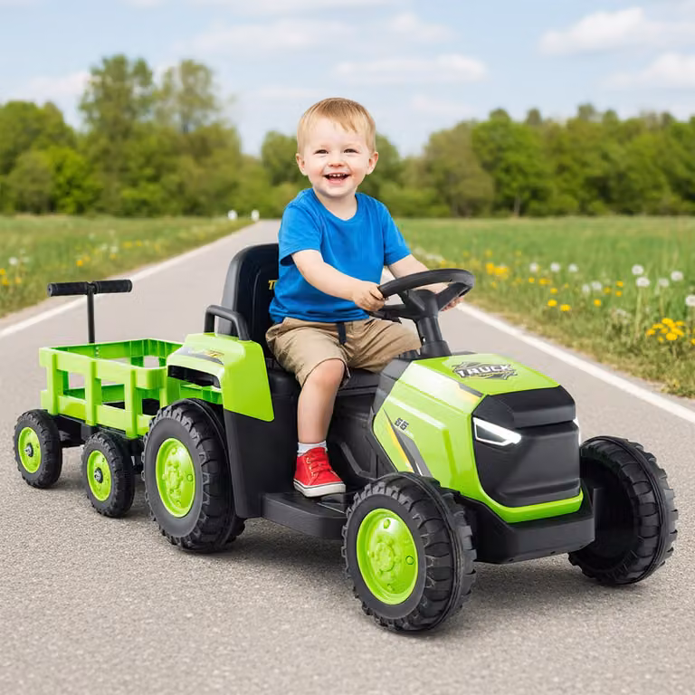 Trattore elettrico Costway 12V con rimorchio staccabile e controllo remoto, giocattolo per bambini con luci e suoni, colore Verde