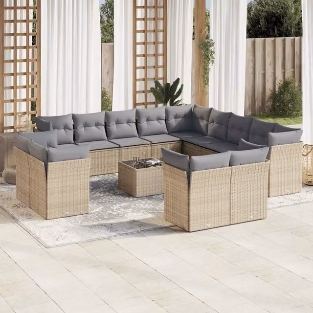 Set di Divani da Giardino a Forma di U VIDAXL in Polyrattan Beige con 14 Pezzi e Cuscini Inclusi
