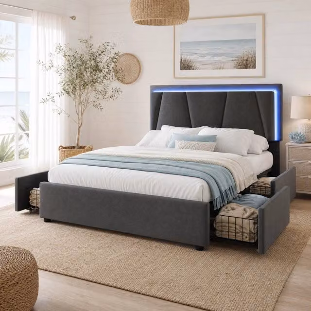 Letto contenitore ULEVR 140x200 cm con 4 cassetti, LED, testiera regolabile e rivestimento grigio