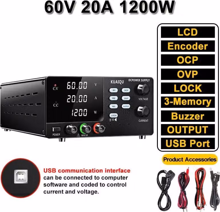 Alimentatore da laboratorio CC programmabile - Alimentatore da banco R-SPS6020S-USB - Tensione e corrente regolabili - Controllo tramite USB - Protezioni OCP/OVP - Funzioni di memorizzazione - Ingresso CA 220 V