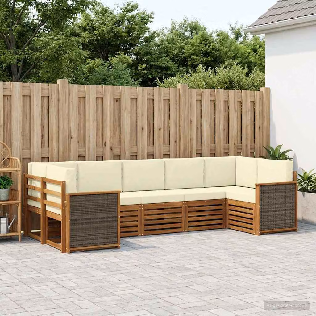 Set di divani da esterno vidaXL a forma di L in legno di acacia con cuscini, 6 pezzi, Beige e Marrone