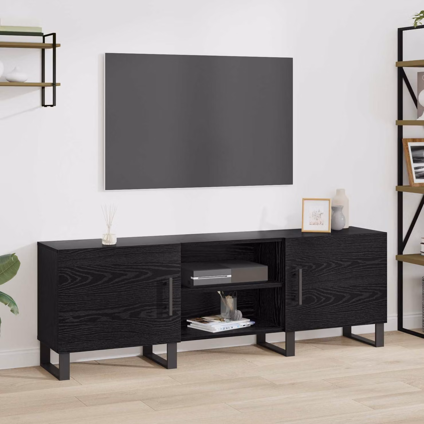 Mobile TV vidaXL Moderno in Legno e Metallo Nero L: 150 cm, P: 30 cm, H: 50 cm