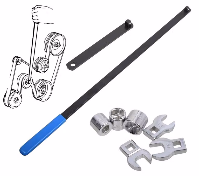 Set di utensili per la regolazione delle cinghie, composto da 8 pezzi, con chiavi regolabili, compatibili con attacchi da 3/8" e 1/2", realizzati in acciaio resistente e adatti a diverse applicazioni nella riparazione di automobili