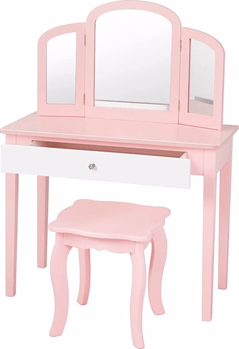 COSTWAY Set tavolo da trucco 2in1 per bambini con cassetto con triplo specchio pieghevole e sgabello per il trucco rosa