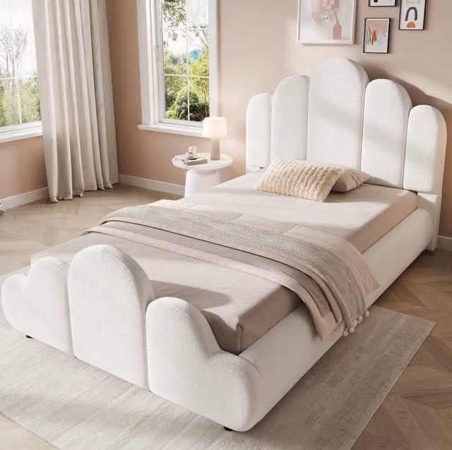 Letto singolo imbottito 90x200 cm in bouclé beige; con rete a doghe e angoli arrotondati