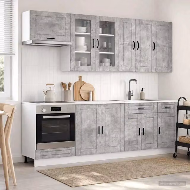 Unità cucina moderna vidaXL PORTO in 8 pezzi, colore grigio, realizzata in legno MDF con ante e ripiani aperti, L/P/H: 143 x 60 x 80 cm