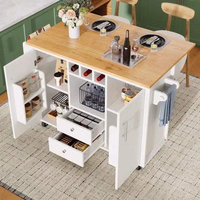 Carrello da cucina con piano pieghevole, 2 cassetti, 2 ante, portabottiglie e portaspezie, in MDF e metallo, bianco