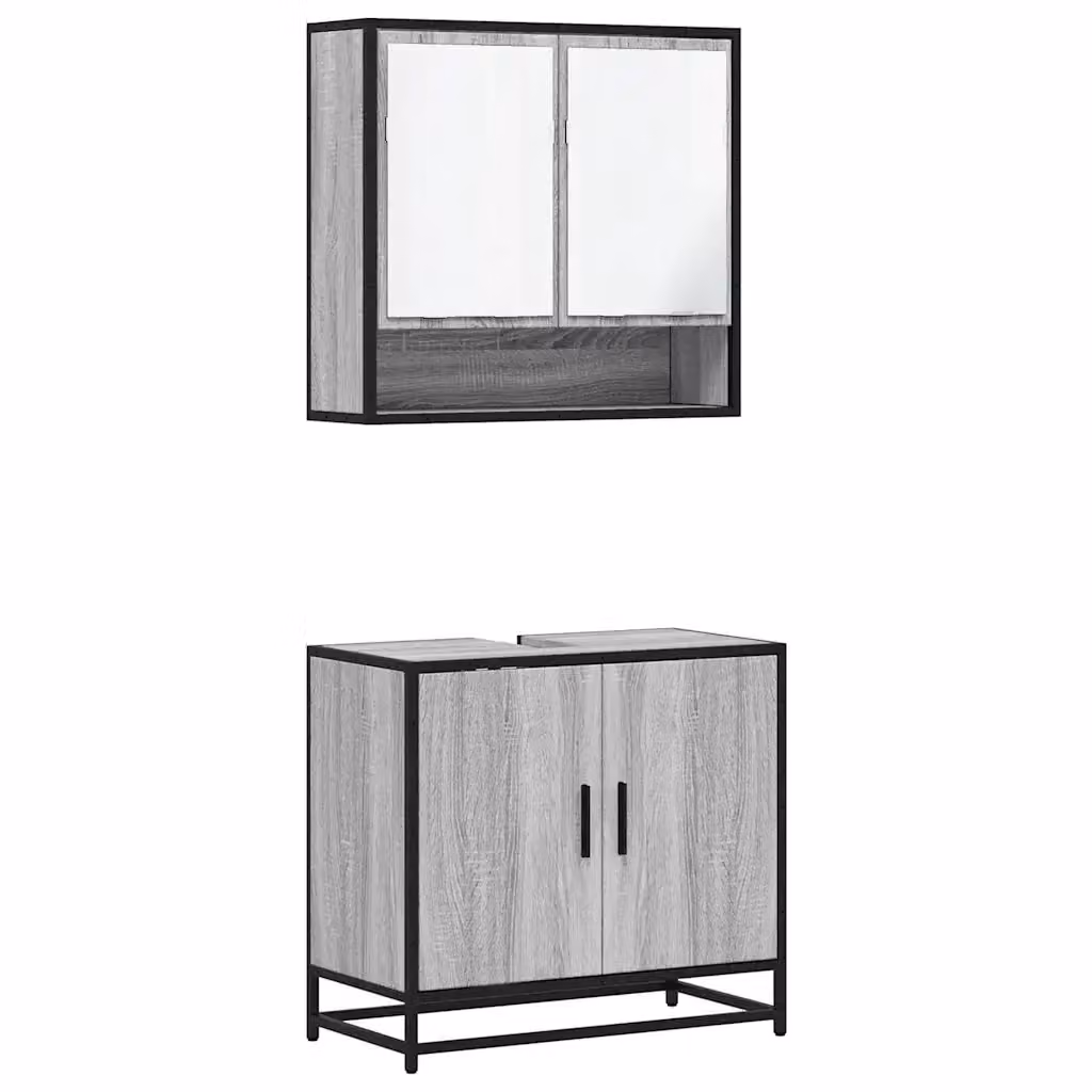 Set Mobili da Bagno 2 Pezzi vidaXL in Stile Industrial con Mobile Lavabo e Armadietto con Specchio Grigio Opaco in Legno e Metallo – 2