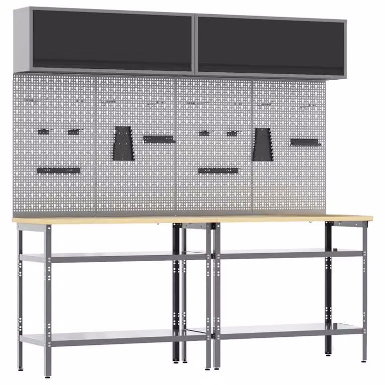 vidaXL Set banco da lavoro in acciaio 8 pz con pannello forato e altezza regolabile, Nero e Grigio