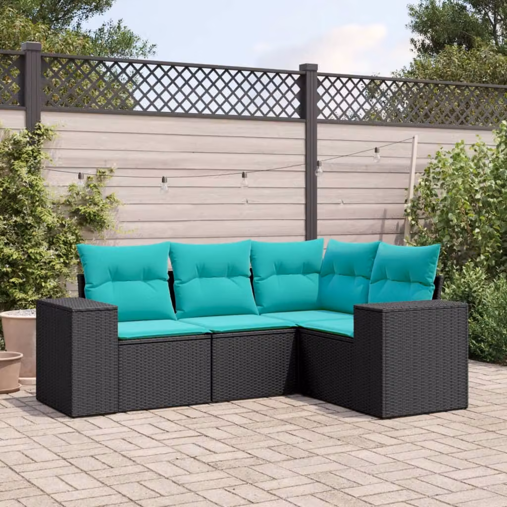 Set di divani da giardino vidaXL a forma di L in rattan con cuscini, nero e blu