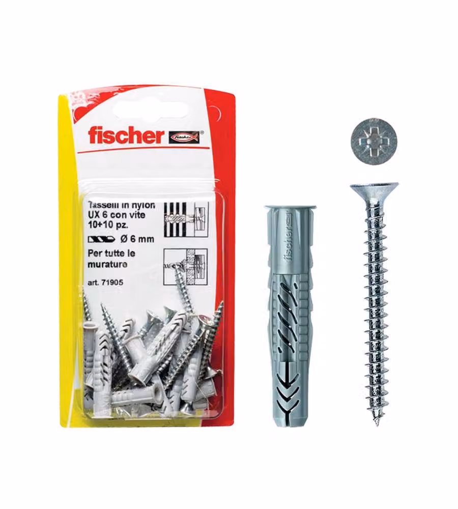 Fischer Tasselli nylon 10x60mm con vite - Fissaggio universale - 4 Pz.