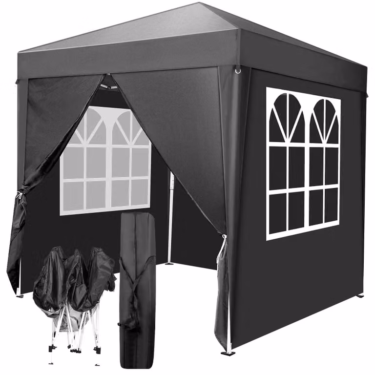 LEADZM, gazebo pieghevole 2 x 2 metri, con 4 pareti laterali, finestre, tenda per eventi con protezione UV, con 4 pannelli laterali, tenda da giardino, tenda per eventi, colore nero