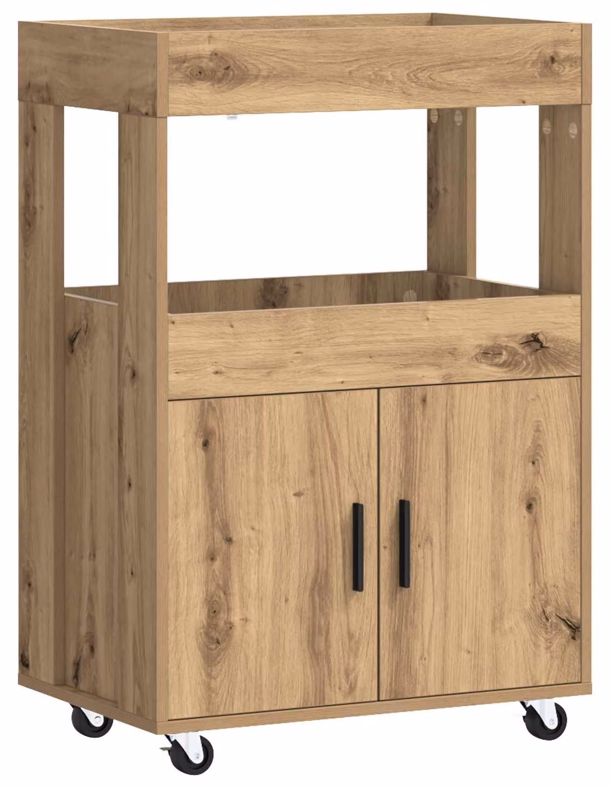 Carrello bar in legno effetto quercia, dimensioni 60 x 39,5 x 89 cm. Materiale: legno composito