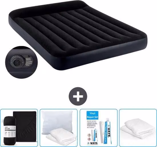 Letto ad aria Intex - 2 persone - 152 x 203 x 25 cm - Blu - Incluso pompa - Lenzuolo di ricambio - Bacio - Kit di riparazione en Protezione cuscino