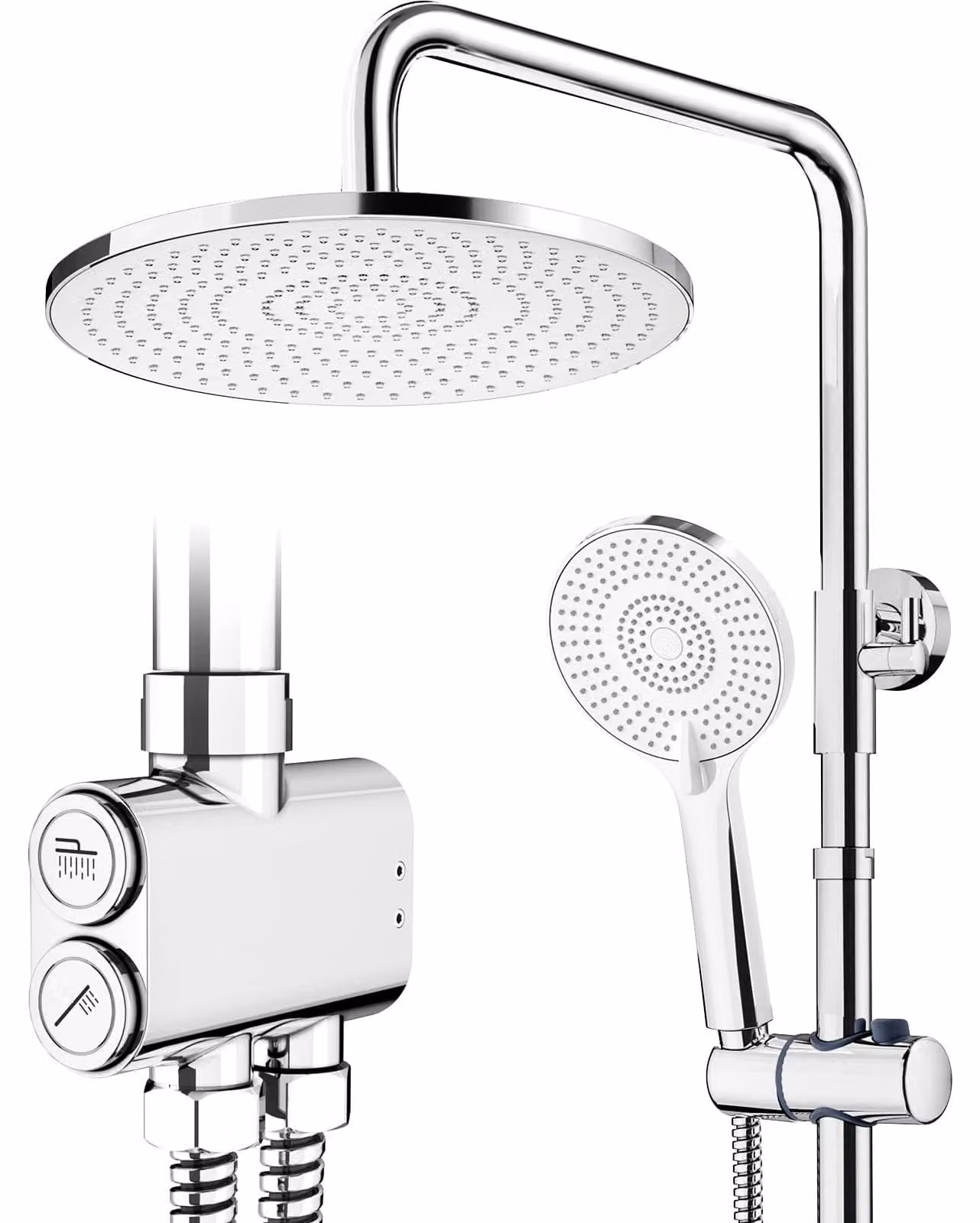 Soffione doccia pioggia - Soffione rotondo 25 cm - Asta doccia regolabile 800-1080 mm - Cromato - 3 tipi di getto