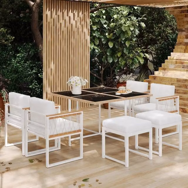 Set da giardino 7 pezzi - Zephmum- Tavolo in vetro temperato, ringhiera WPC, per 6 persone