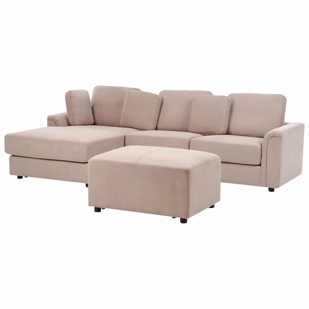 Divano ad angolo Beliani in tessuto beige con pouf coordinato e cuscini, stile moderno, configurazione a destra L/P/H: 268 x 154 x 86 cm – 2