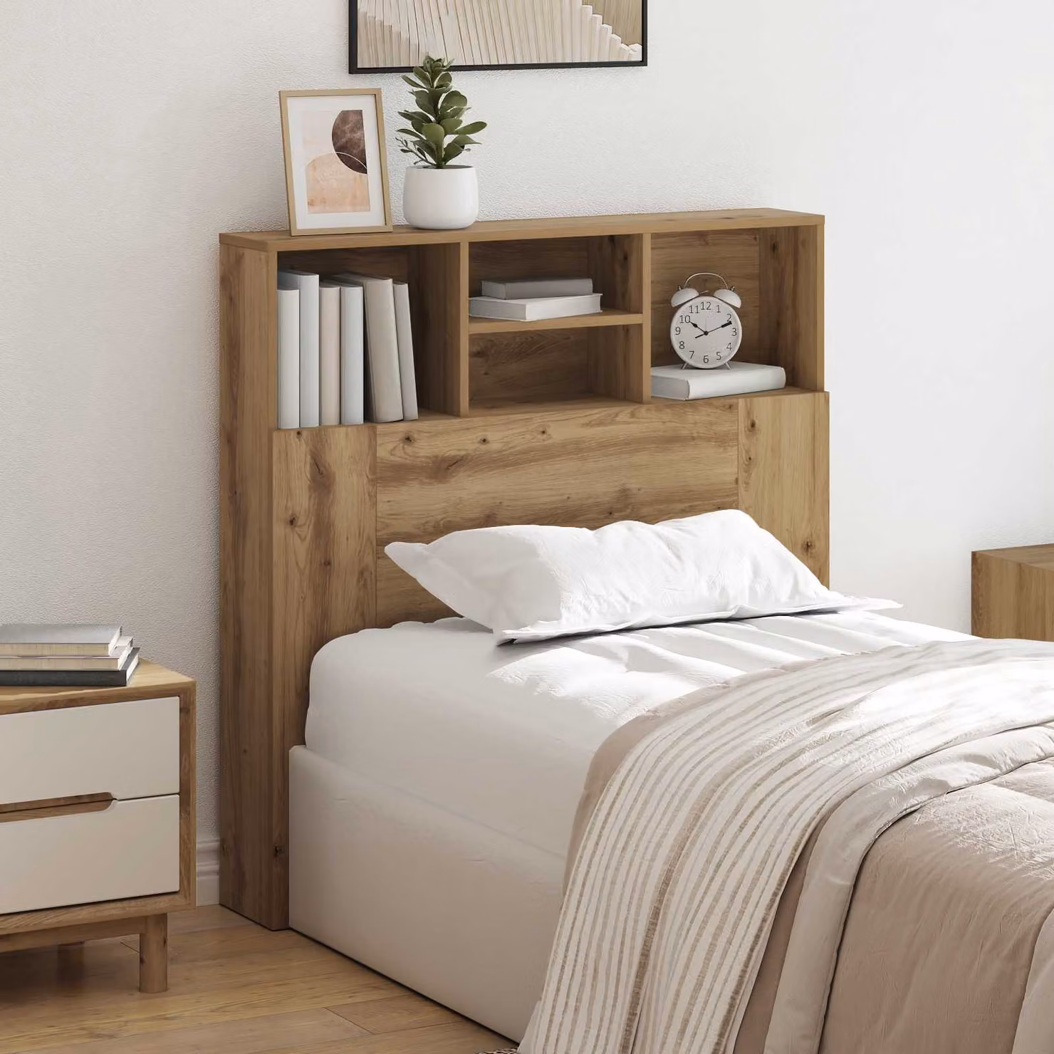 Testata del letto moderna vidaXL in legno ingegnerizzato color rovere con ripiano integrato L 100 cm, H 103,5 cm, P 19 cm