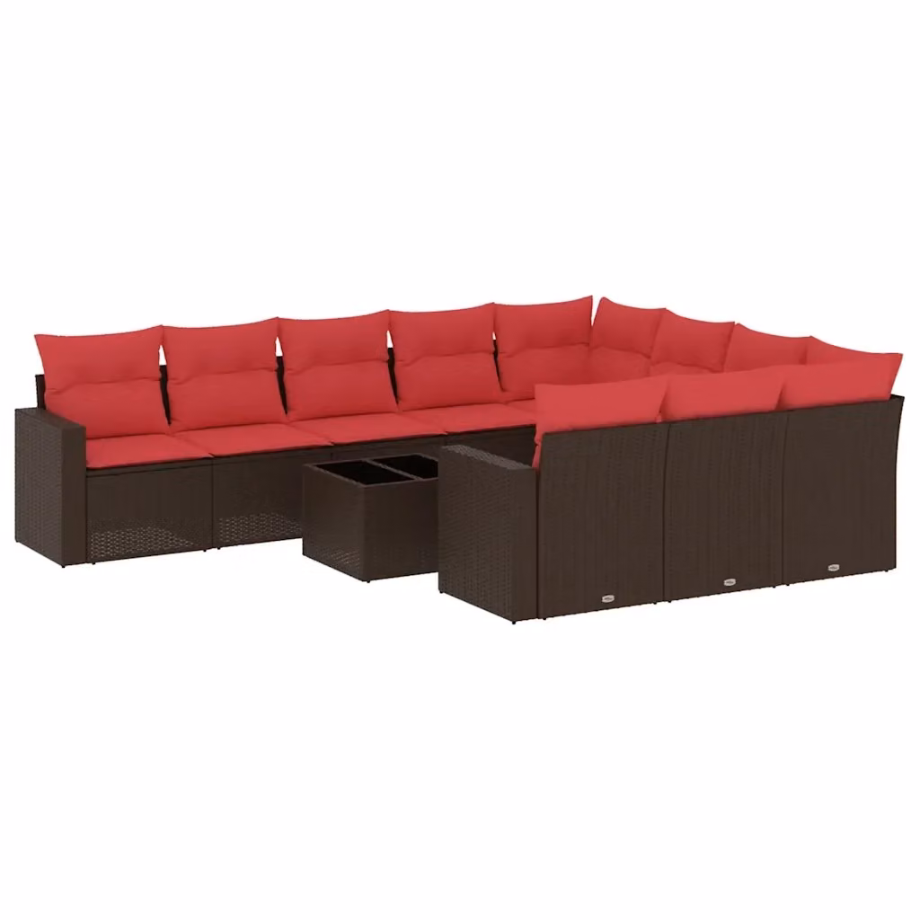 vidaXL Set Divani da Giardino 11 pz in Polyrattan Marrone con Cuscini e Tavolino da Esterno – 2