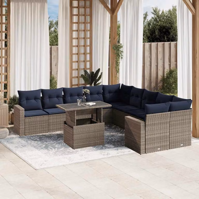 vidaXL Set Divani da Giardino 11 pz in Polyrattan con Cuscini e Tavolino da Esterno, Colore Grigio e Blu