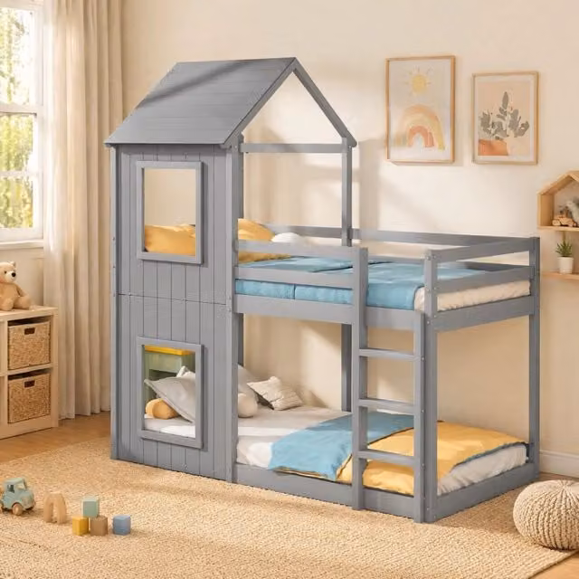 Letto a castello per bambini 90x200 cm in pino e MDF; grigio; con sponde di sicurezza