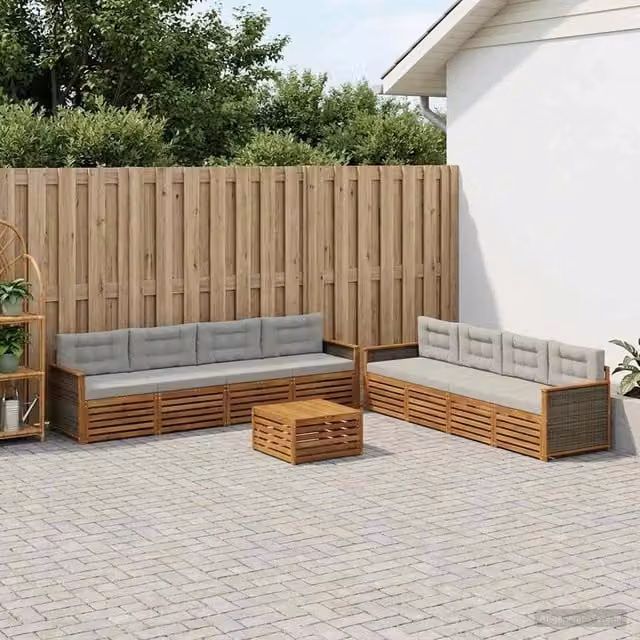 Set di divani da esterno a L con tavolino vidaXL in legno di acacia, beige e grigio – 1