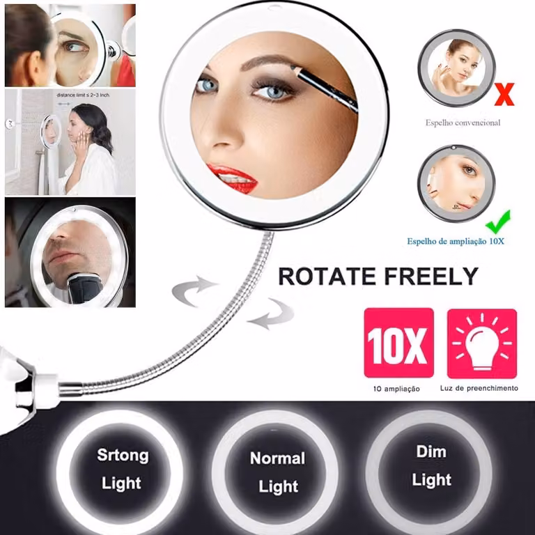 Specchio illuminato a LED con ingrandimento 10x per il trucco in bagno,