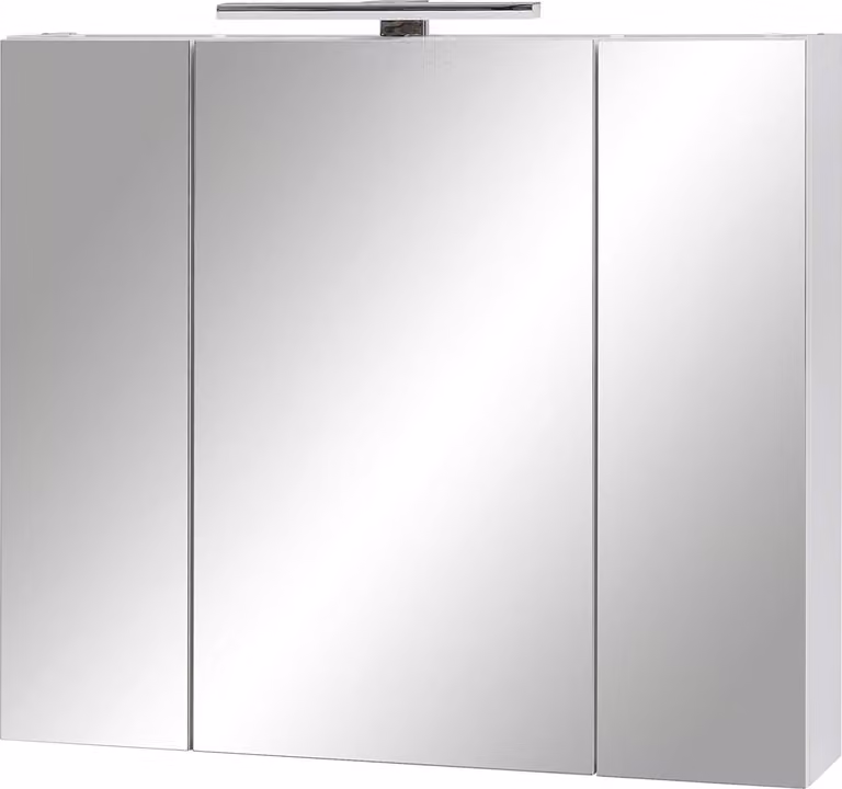 Specchio a muro 80x74,4x16 cm, con 3 ante, illuminazione LED, 6 ripiani in vetro, finitura bianco opaco