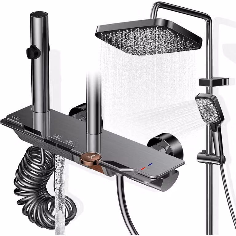 Sistema doccia completo con miscelatore, doccia a pioggia di grandi dimensioni, 4 funzioni, altezza regolabile da 83 a 110 cm, realizzato in ottone e vetro temperato, colore grigio
